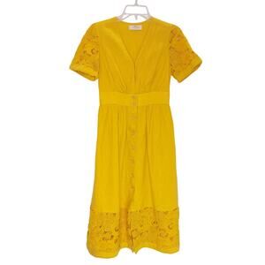 Umbrella Midi Dress V-Neck Short Sleeve Lace Trim Button Front Yellow Womens S